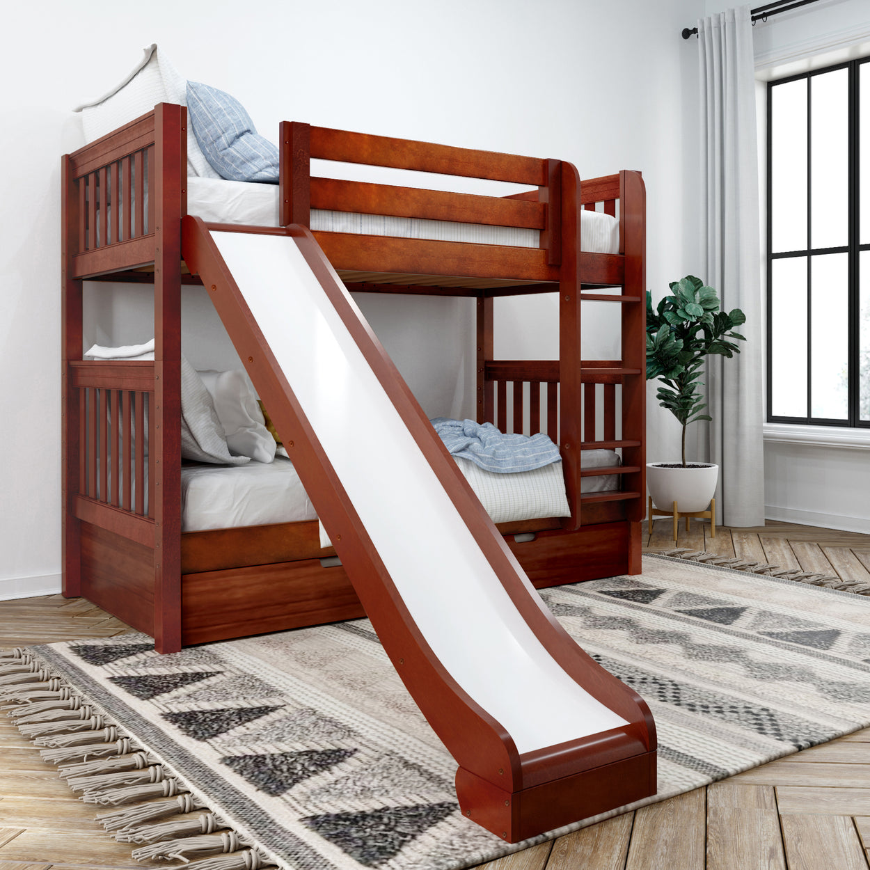 Wooden bunk bed with slide in a modern bedroom, featuring cozy bedding and a decorative rug.