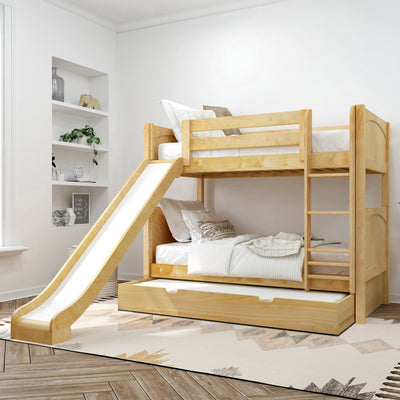 Wooden bunk bed with slide and trundle drawer in modern kids' bedroom.