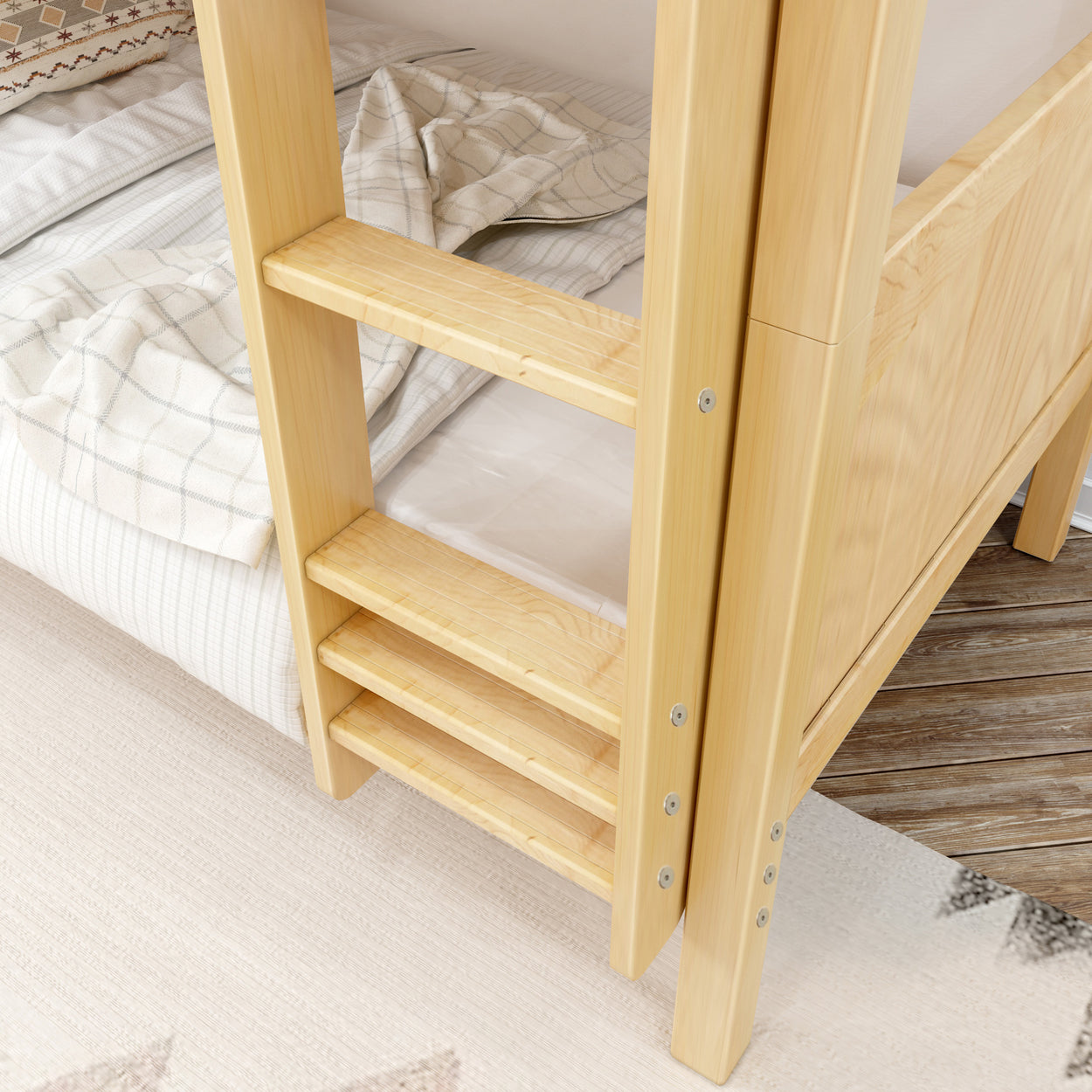 Wooden bunk bed ladder with cozy bedding, ideal for small spaces.