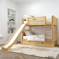 Natural pine wooden bunk bed with slide and ladder in bright modern kids' bedroom with storage drawer and white bedding