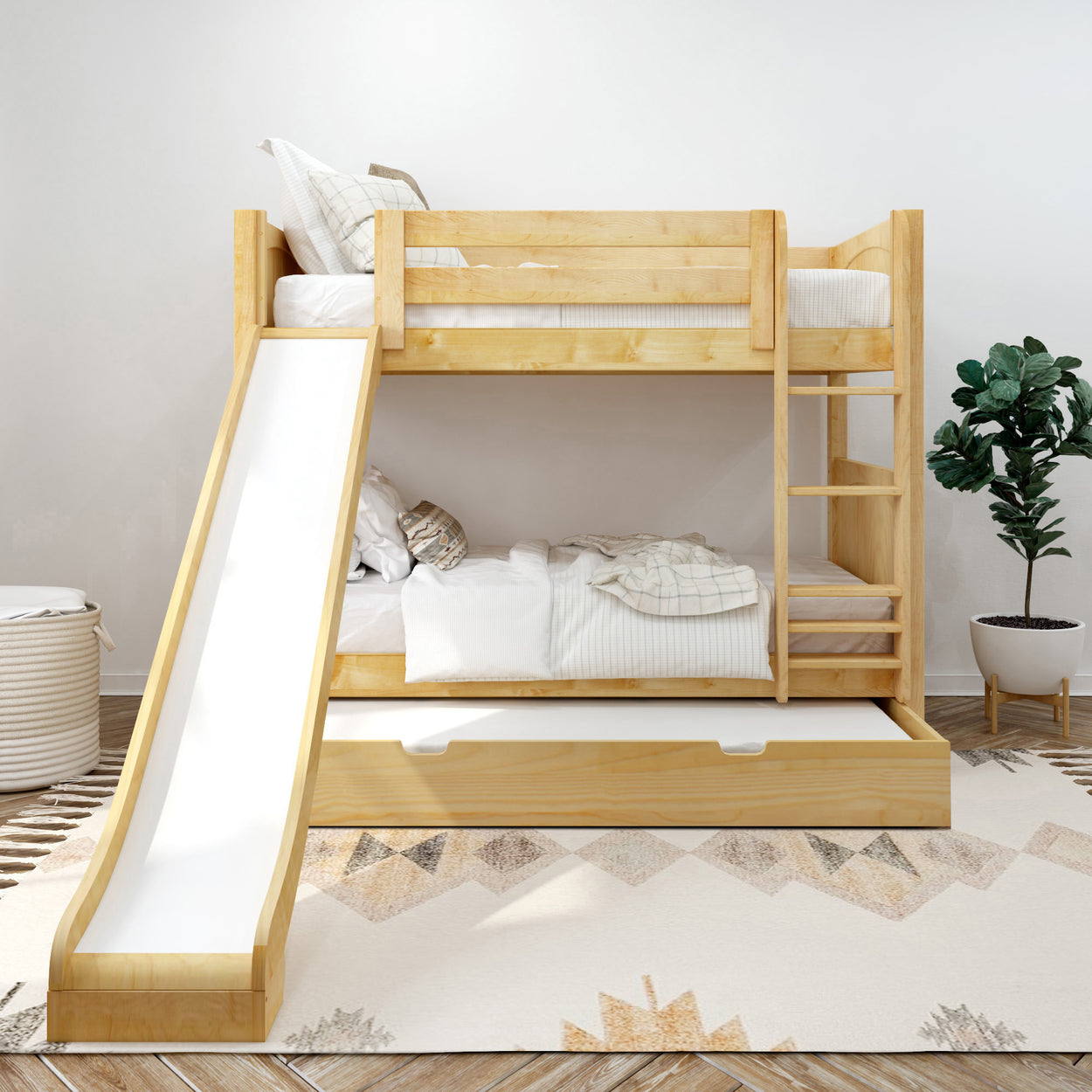 Wooden bunk bed with slide, white bedding, and storage drawer in modern bedroom setting.