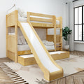 Natural wood bunk bed with slide and pull-out trundle in a bright modern kids' bedroom with ladder, white bedding, potted plant, and patterned area rug