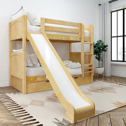 Children's wooden bunk bed with slide in modern bedroom decor.