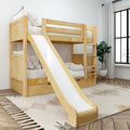 Kids wooden bunk bed with slide and ladder, natural finish with under-bed storage drawers and white bedding in a bright modern bedroom