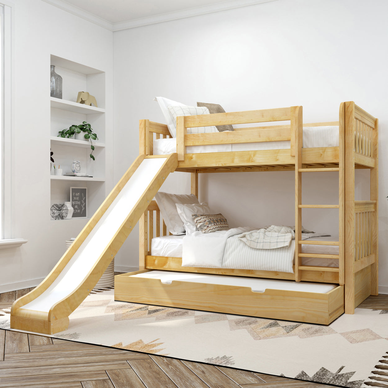Wooden bunk bed with slide and storage drawer in a bright, modern kids' bedroom.