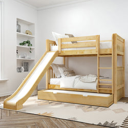 Wooden bunk bed with slide and storage drawer in a bright, modern kids' bedroom.
