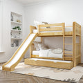 Natural pine kids bunk bed with slide, ladder and pull-out trundle in bright children's bedroom with neutral bedding and rug