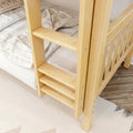 Light natural pine bunk bed ladder and corner post with slatted guardrail, plaid bedding and wood floor