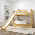 Natural pine wooden twin-over-twin bunk bed with slide and storage drawer in a bright kids' bedroom with ladder and neutral bedding