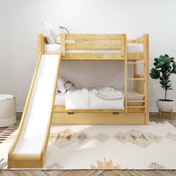 Children's wooden bunk bed with slide in a modern bedroom featuring white bedding and a geometric patterned rug.