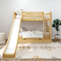 Natural wood twin-over-twin bunk bed with slide, under-bed storage drawer and ladder in modern neutral kids' bedroom