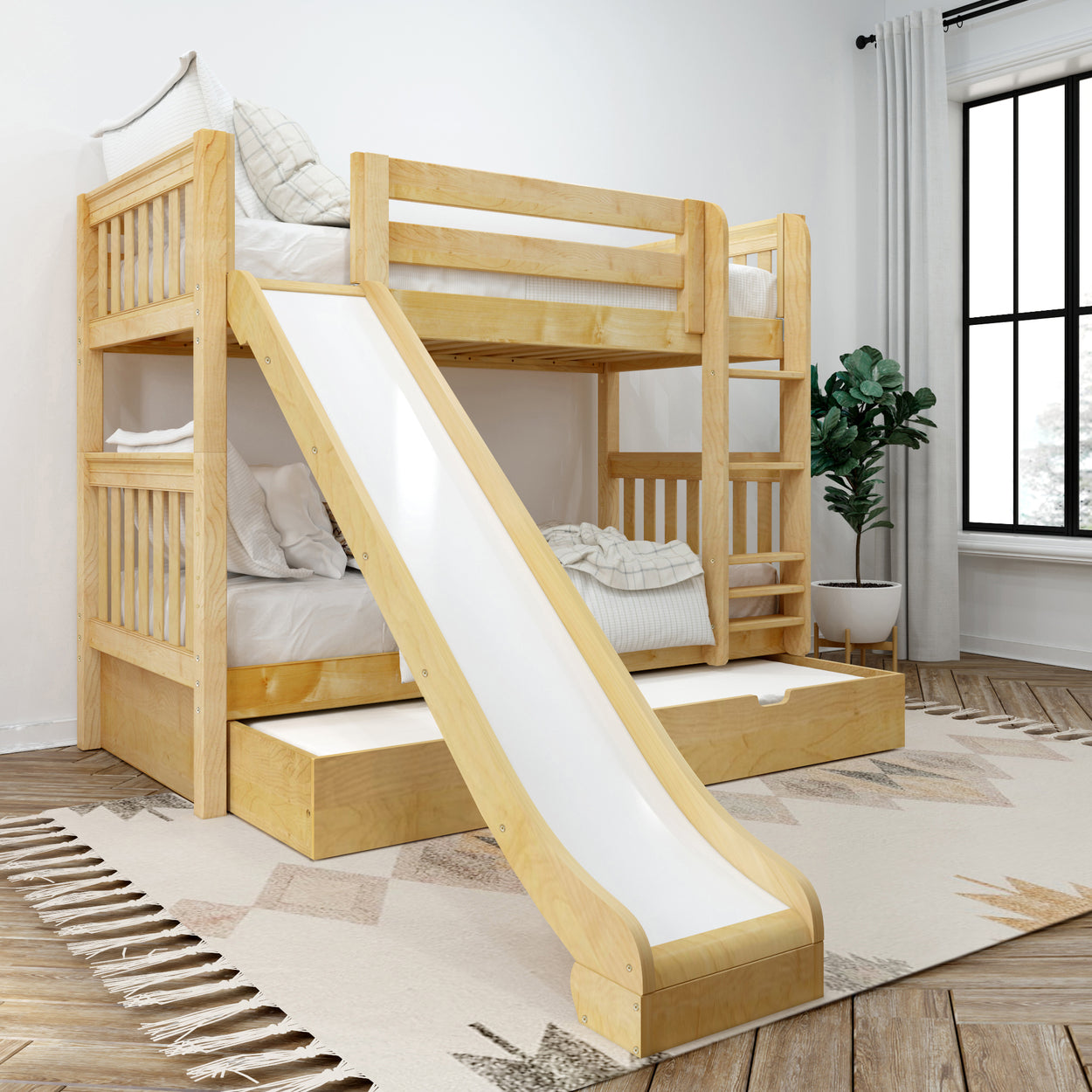 Wooden bunk bed with slide in a bright, modern children's room featuring wooden flooring and white curtains.