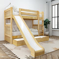 Natural solid wood children's bunk bed with slide and pull-out trundle in modern kid's bedroom with patterned rug and potted plant