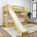 Natural wood twin-over-twin bunk bed with built-in slide and ladder, storage drawers and white bedding in bright modern kids' bedroom with rug and potted plant