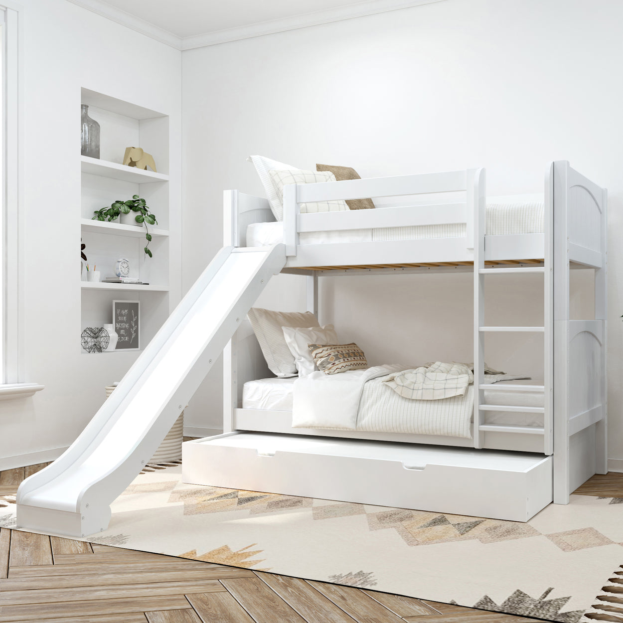 White kids' bunk bed with slide and storage, perfect for modern children's room decor.