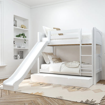 White wood bunk bed with slide and trundle in a modern kids' bedroom.