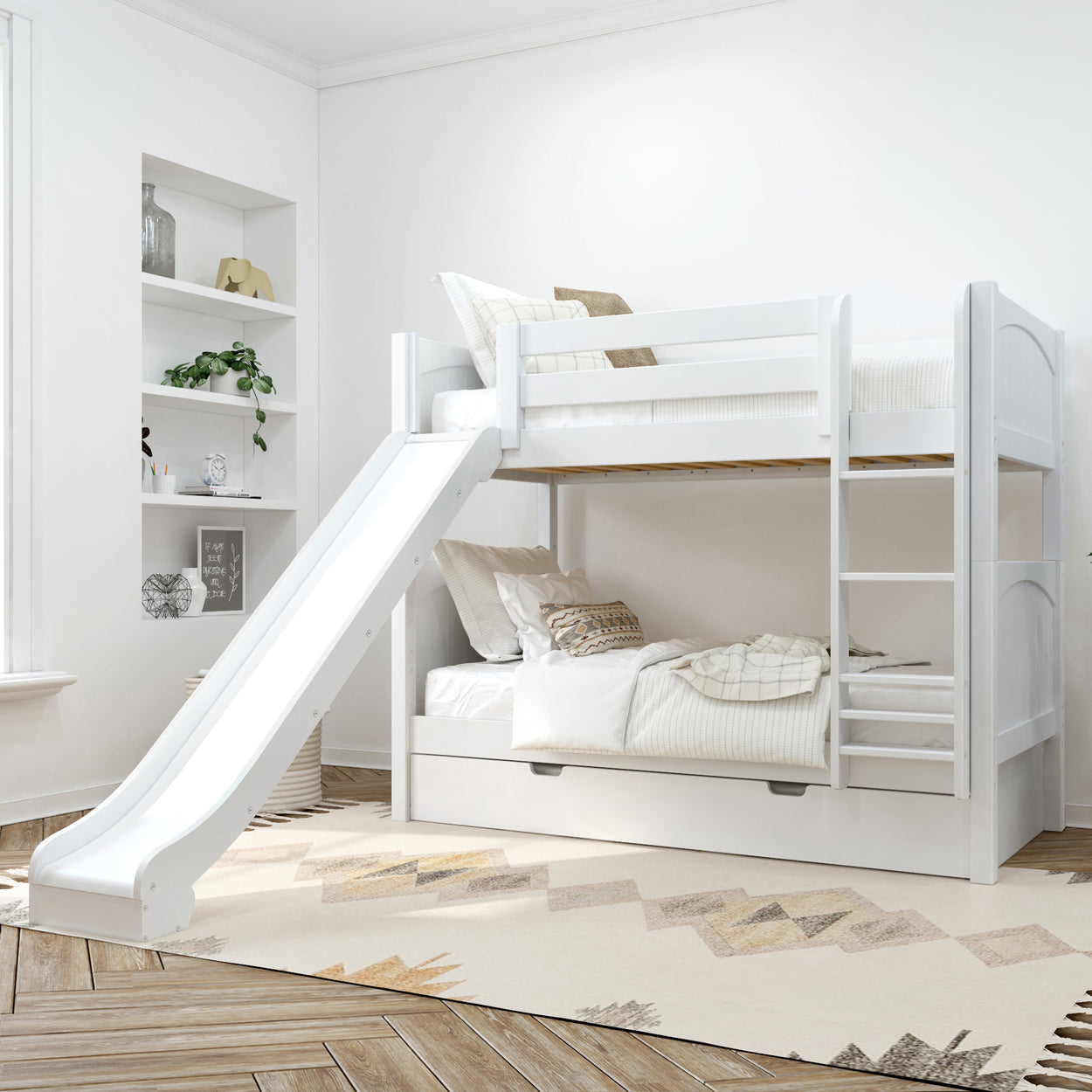 White wooden bunk bed with slide and ladder in modern kids' room.