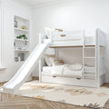 White wooden bunk bed with slide and ladder in a bright modern kids' bedroom, neutral bedding, under-bed storage drawer, hardwood floor and built-in wall shelves