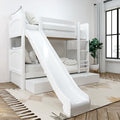 White wooden bunk bed with slide, ladder and pull-out trundle in a modern children's bedroom with neutral rug and potted plant by a large window