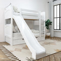 White wooden twin-over-twin bunk bed with slide, ladder and under-bed storage drawers in bright modern kids' bedroom with rug and potted plant