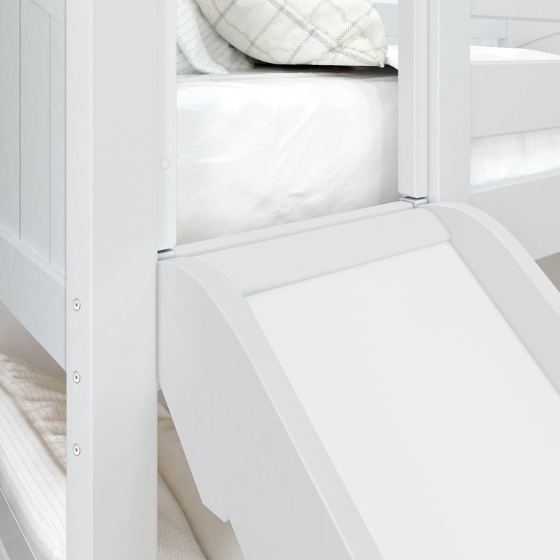 White wooden children's bunk bed with built-in slide, guardrail, mattress and neutral pillows, modern kids loft bed