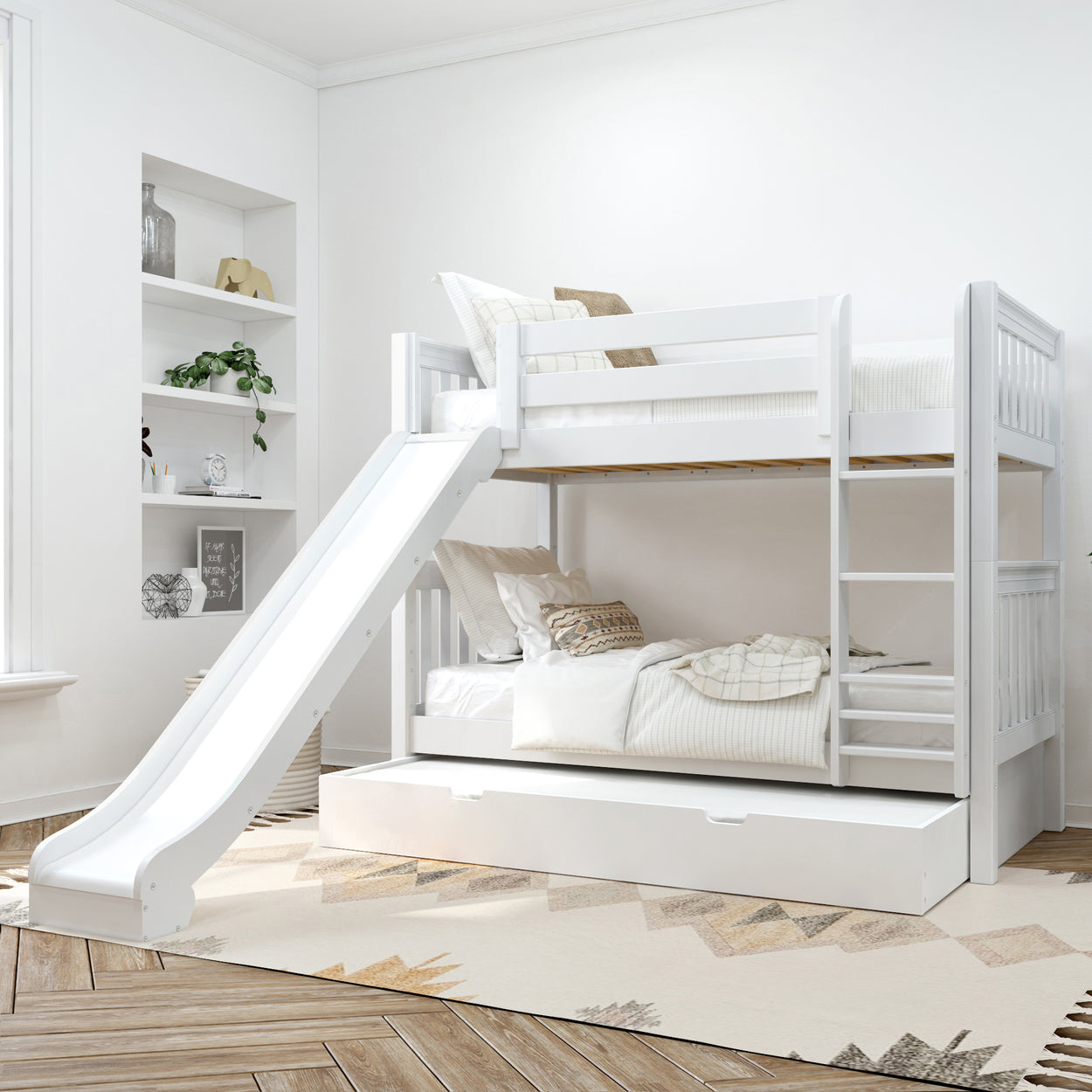 White wooden bunk bed with slide and storage drawer in modern children's bedroom.