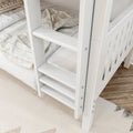 White wooden bunk bed ladder and safety rail by a bottom bunk with beige plaid bedding, neutral area rug and hardwood floor in a modern kids' bedroom