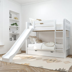 White bunk bed with slide in modern children's bedroom.
