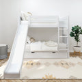 Modern white twin bunk bed with slide and ladder, under-bed storage drawer in neutral children's bedroom with patterned rug and potted plant