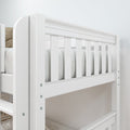 Close-up of white wooden twin-over-twin bunk bed showing slatted guardrail, ladder detail and striped mattress