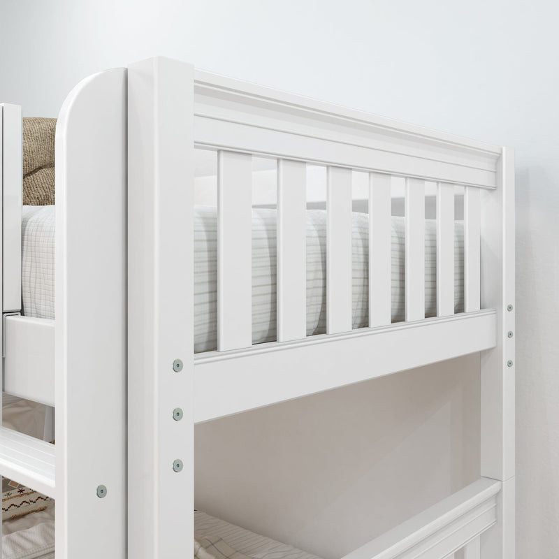 Close-up of white wooden twin-over-twin bunk bed showing slatted guardrail, ladder detail and striped mattress