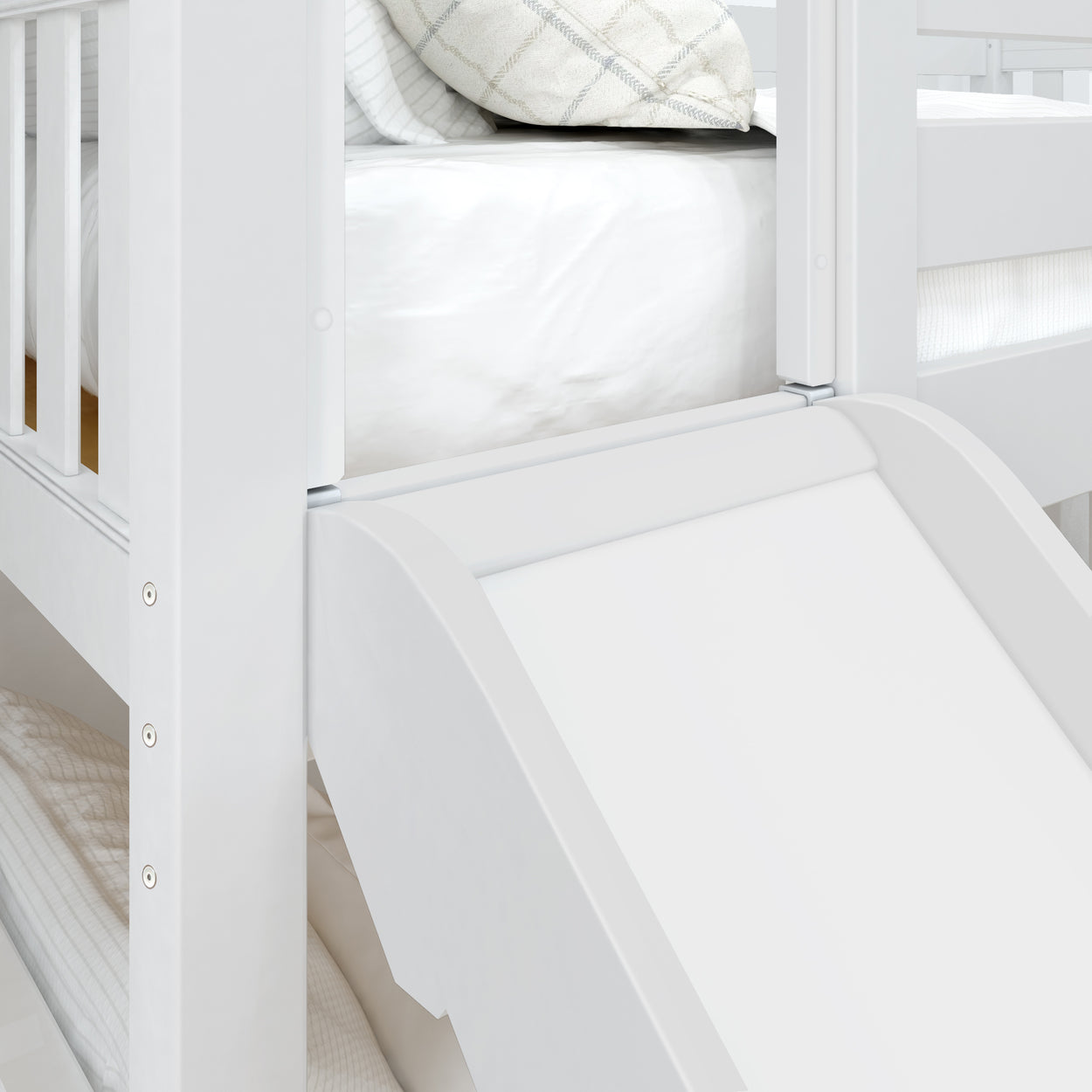 White children's bunk bed with integrated slide and cozy bedding, perfect for a modern kids' bedroom.