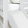 Modern white wooden kids bunk bed with built-in slide, safety guardrails, mattress and decorative plaid pillow