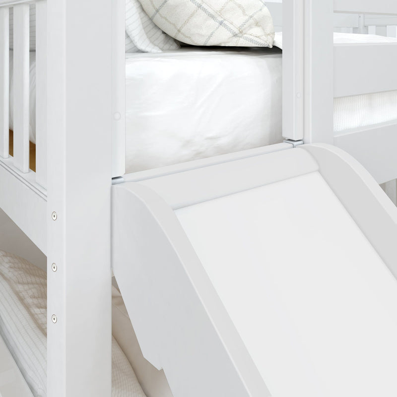 Modern white wooden kids bunk bed with built-in slide, safety guardrails, mattress and decorative plaid pillow