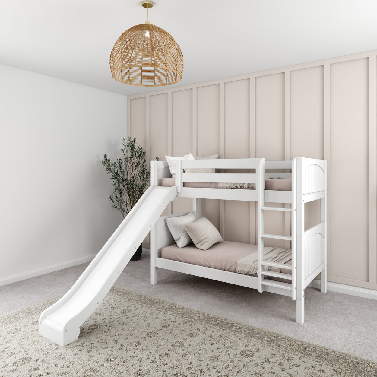 Kids' white bunk bed with slide in modern bedroom setting.