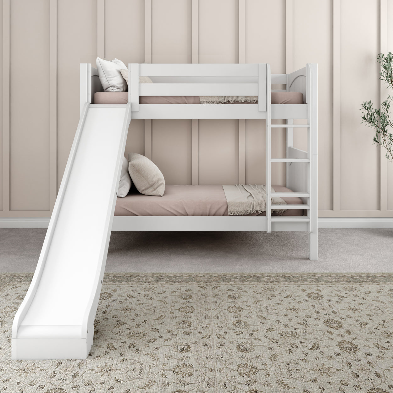 White wooden bunk bed with slide in modern kids' bedroom.
