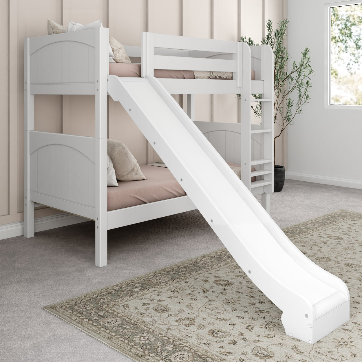 White bunk bed with slide for kids in a modern bedroom.