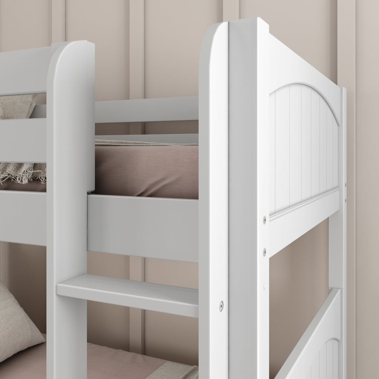 White wooden bunk bed with light brown bedding in a modern, minimalist bedroom.
