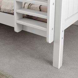 White wooden bunk bed ladder on carpeted floor with beige blanket.
