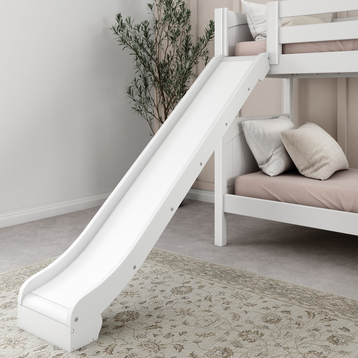 White bunk bed with slide in modern bedroom decor.
