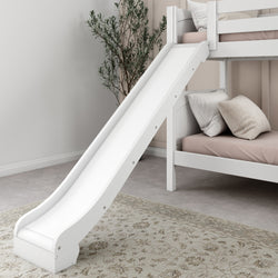 White bunk bed with slide in modern bedroom decor.