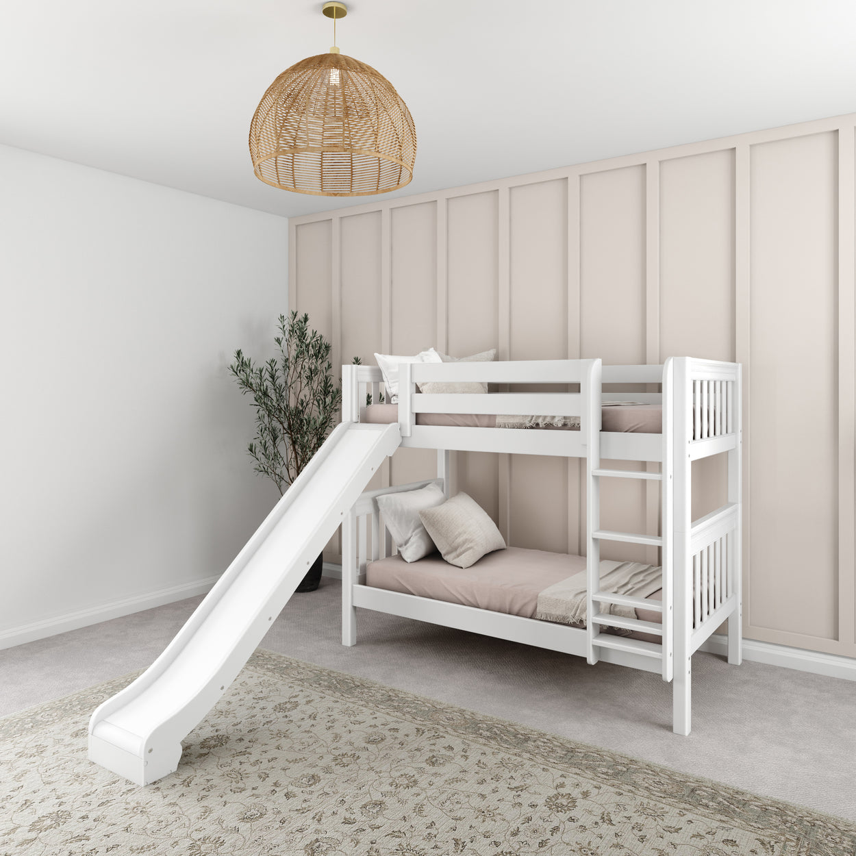 White wooden bunk bed with slide in modern bedroom setting, featuring neutral tones and decorative pendant light.