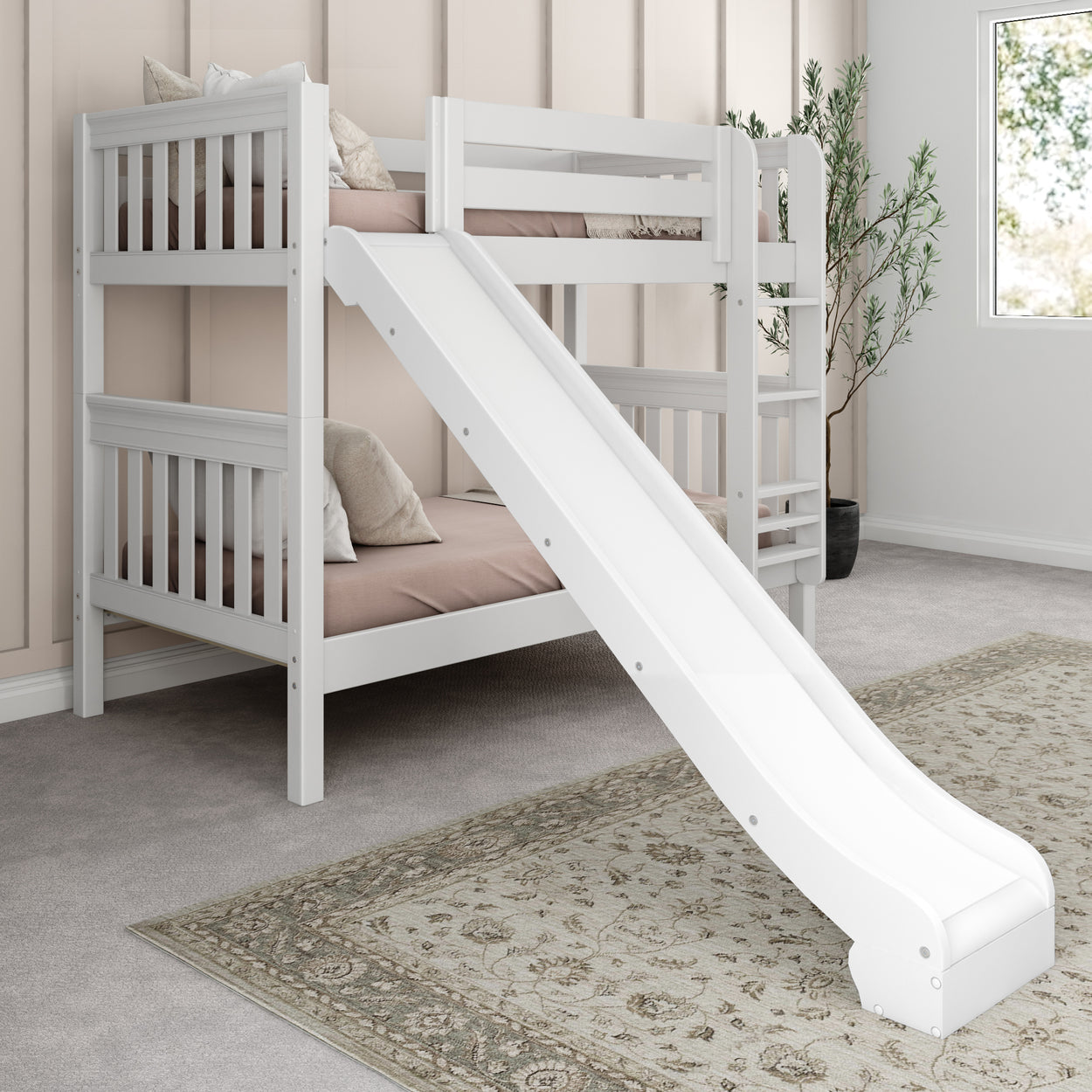 White children's bunk bed with slide in modern bedroom setting.