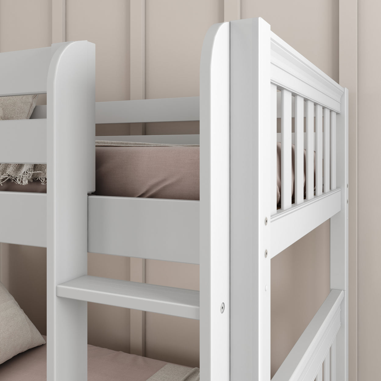 White wooden bunk bed frame with soft beige bedding in a modern bedroom setting.