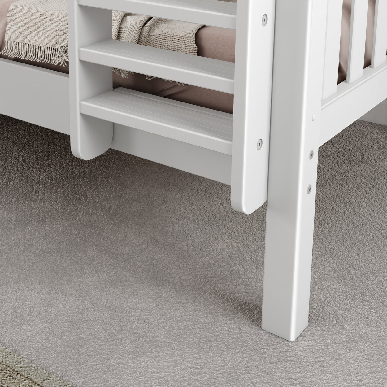 White wooden bunk bed ladder on soft gray carpet, showcasing sturdy construction and modern design.