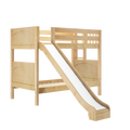 Solid natural pine kids loft bed with white slide, built-in ladder and safety rails for children's bedroom and playroom