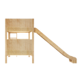 Wooden playground slide and playhouse panel on transparent background – natural pine kids playset PNG asset