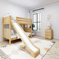 Light-filled kids bedroom with natural wood bunk bed and slide, neutral modern boho decor, geometric rug, bedside lamp and potted plant