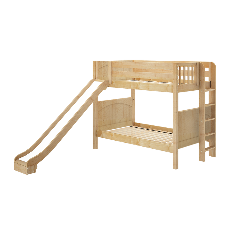 Natural wood loft bunk bed with slide and ladder, kids' wooden bed frame for bedroom