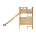 Wooden playset with slide, ladder and elevated play deck featuring guardrails and natural light wood finish